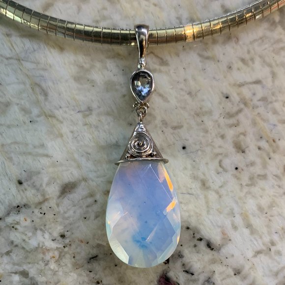 Iridescent Opalite, topaz and Sterling Pendant - Picture 3 of 5